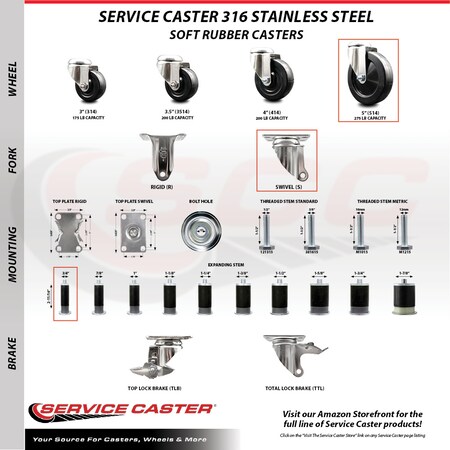 Service Caster 5 Inch 316SS Soft Rubber Wheel Swivel 3/4 Inch Expanding Stem Caster Set SCC SCC-SS316EX20S514-SRS-34-4